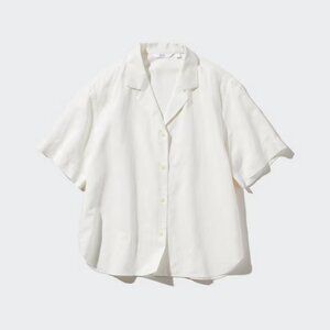 NWT Uniqlo Linen Blend Open Collar Short Sleeve Shirt in Off White